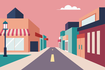 Cartoon street view with buildings and pink sky art
