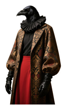Black Raven Mask with Gold Brocade, Crimson Robe on Transparent Background, Gothic Fashion Illustration