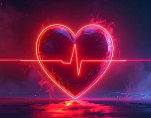 Heart with EKG, vibrant neon glow