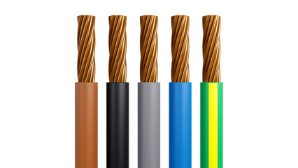 3D rendering of Standard color code for electrical wiring on a white background, 3-phase system