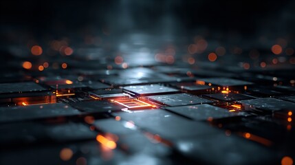 Futuristic Abstract Technology Grid with Glowing Orange Lights Emanating, Creating a Sense of Innovation