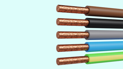 3D rendering of Standard color code for electrical wiring on a color background, 3-phase system