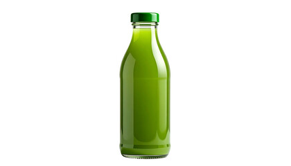 Green juice bottle, smooth, glossy isolated on solid white background Png format