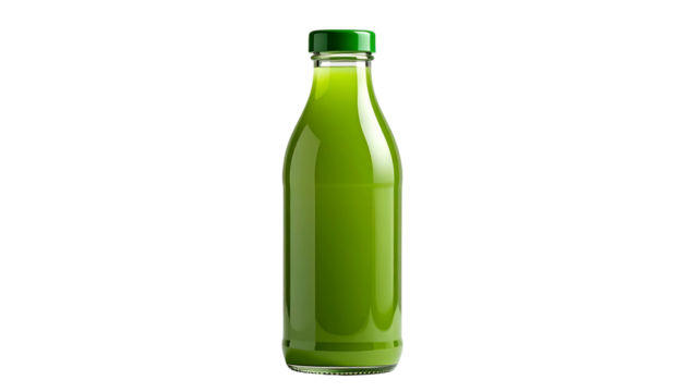Green juice bottle, smooth, glossy isolated on solid white background Png format