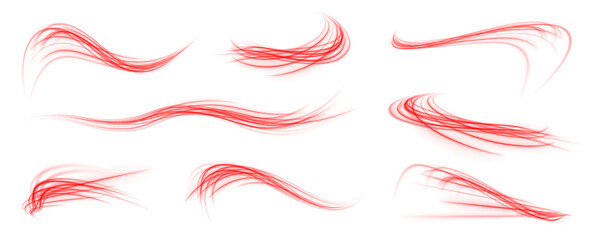 Red neon light swirls in high-speed motion. Futuristic energy trail effect. Abstract glowing arcs and streaks on dark background. PNG © MEDUZA