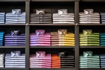 Shelves full of neatly stacked men's dress shirts in various colors
