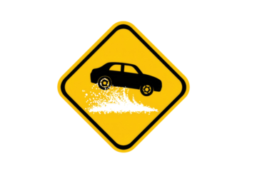 Yellow diamond sign with a black car splashing through water. Warns drivers of wet road conditions, potential hydroplaning, or standing water. background removed