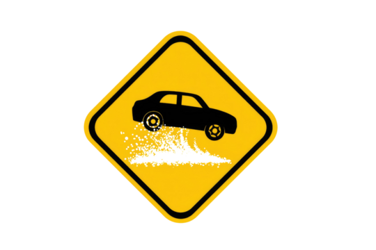 Yellow diamond sign with a black car splashing through water. Warns drivers of wet road conditions, potential hydroplaning, or standing water. background removed