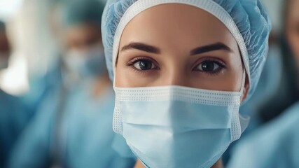 Female healthcare professional in surgical attire, wearing face mask medical facility - Powered by Adobe