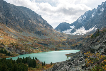 Landscape view of Kuiguk valley and lake Kuiguk in late august, the Altai Republic, Russia