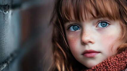 Portrait of young girl with freckles and blue eyes, wearing red scarf - Powered by Adobe