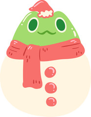 Hand drawn Illustration of Frog Snowman Wearing Santa Hat and Scarf