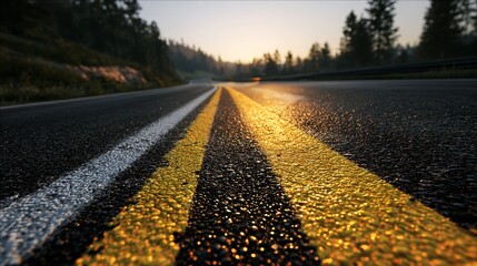 Golden Hour on the Open Road: A Scenic Asphalt Highway Journey Ahead