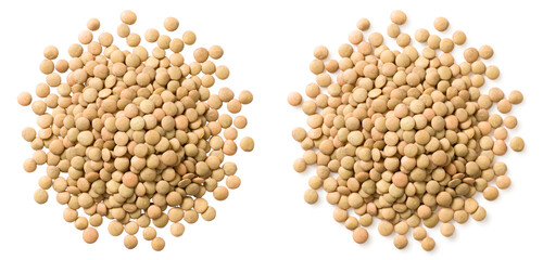 Small heap of uncooked brown lentils isolated on white background, top view.