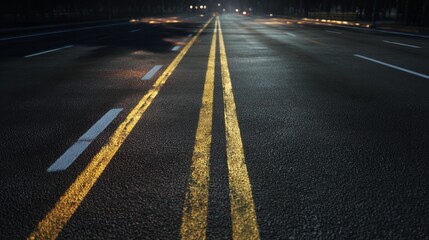 Wet Asphalt Road at Night with Gleaming Yellow Lines Leads into Blurred City Lights