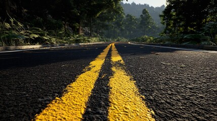 Asphalt Road with Double Yellow Lines Leading Towards Lush Green Forest Landscape