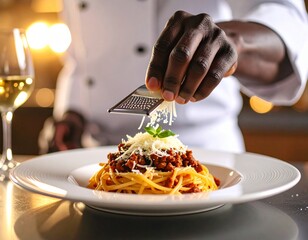 Shaving Cheese Over Meat Pasta &ndash; Delicious Italian Cuisine