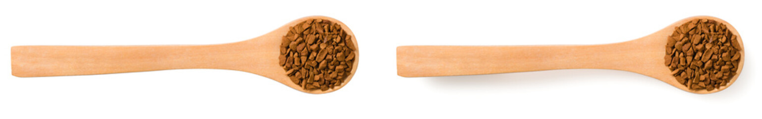 Freeze dried coffee powder in a wooden measuring spoon, isolated on a white background, top view.