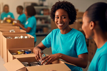 Young adult woman volunteer preparing food donations in boxes. Multiracial group packing food bank supplies, charity work. Social support and community help concept