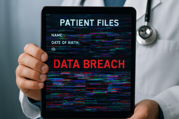 Patient files tablet, doctor hand, data breach warning, healthcare risk