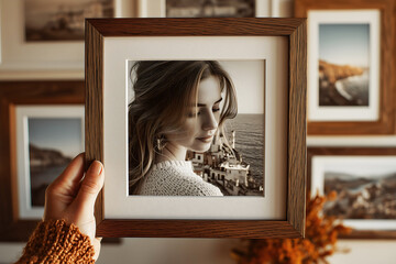 Hand holding wooden picture frame with portrait photograph of young woman in knit sweater by ocean creating nostalgic layered memory preservation concept, gallery wall background.