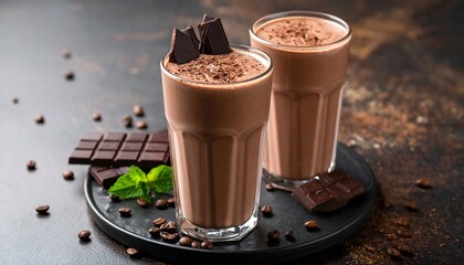 Two glasses of rich, chocolate milkshake, topped with chocolate shavings and cocoa powder, sit on a dark tray.  Dark chocolate pieces and coffee beans are scattered around