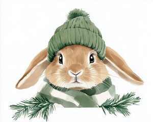 Hand-painted bunny in cozy green winter scarf and pompom hat