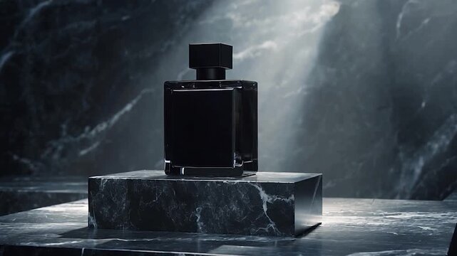 Luxury Perfume Bottle on Marble Pedestal Dramatic Lighting.