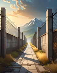 Sunrise path through a walled alley, mountains beyond