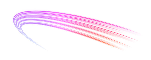 Neon glowing ribbons forming swirling energy vortex. Futuristic dynamic light streaks. Abstract curved vector arcs in blue and purple shades. PNG