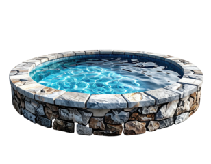 Circular hot tub made of stone, filled with blue water, isolated on black
