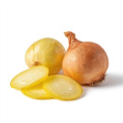 Two whole onions, one pale yellow and one light brown, with sliced pale yellow onion