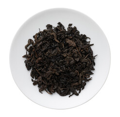 Black tea in a white bowl. Black tea sample.