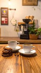 Two white coffee cups with cookies on a wooden table in a cozy cafe setting