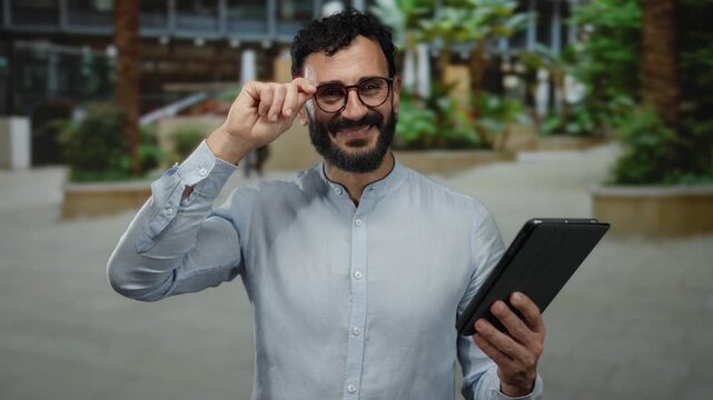 Hispanic man with beard holding a tablet standing outdoors on a street, smiling while adjusting glasses.