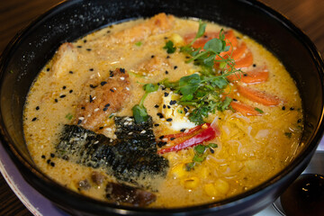 Photo of freshly cooked Japanese Ramen.
Japanese Ramen with chicken, Mushrooms, Eggs and bok choy cabbage in a bowl 
