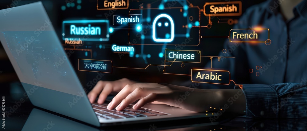 Wall mural person typing on laptop with futuristic ai translation interface showing multiple languages. concept