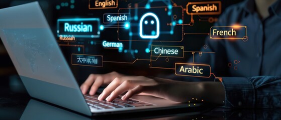 Fototapeta premium Person typing on laptop with futuristic AI translation interface showing multiple languages. Concept of artificial intelligence, digital communication, and innovative AI language learning technology.