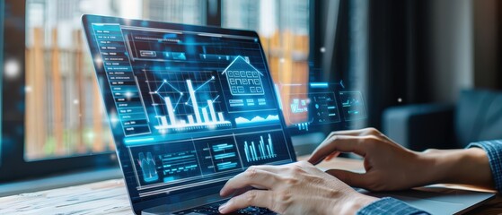 Person working on laptop with holographic digital dashboard displaying data charts and analytics. Concept of artificial intelligence, data analysis, and financial technology innovation.