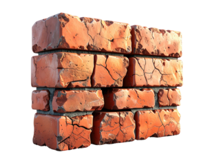 Close-up of a red brick wall, showing mortar and surface cracks