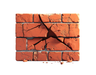 Textured close-up of a weathered brick wall with large cracks