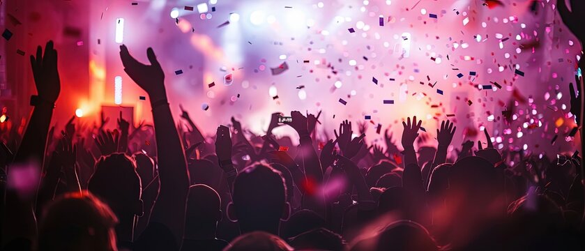 Energetic concert crowd with raised hands and flying confetti under colorful stage lights. Nightlife festival atmosphere with live music, entertainment, audience, celebration and party concept.