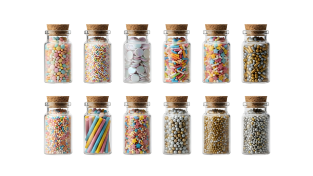 Assorted candy sprinkles stored in small glass corked jars
