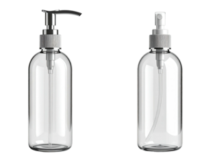 Two clear glass bottles, one with a pump and one with a spray nozzle