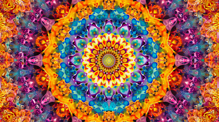 Obraz premium Abstract kaleidoscopic mandala pattern in vivid colors, featuring seamless symmetry with geometric shapes and psychedelic details. Bright, vibrant artwork perfect for backgrounds and design.