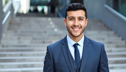 A smiling man in a business suit stands on steps