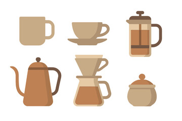 Coffee brewing equipment collection including French press pour over kettle and mug