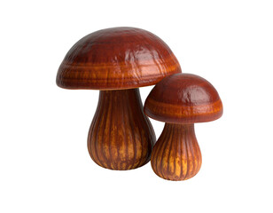 Two stylized, brown mushrooms with ribbed stems sit against a black backdrop