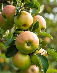 Ripe apples cluster on branch. Lush leaves surround