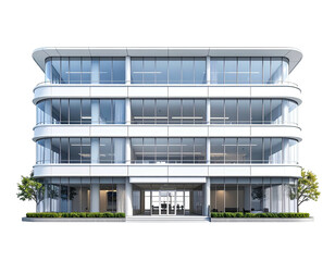 Modern, white three-story building with curved edges and many glass windows